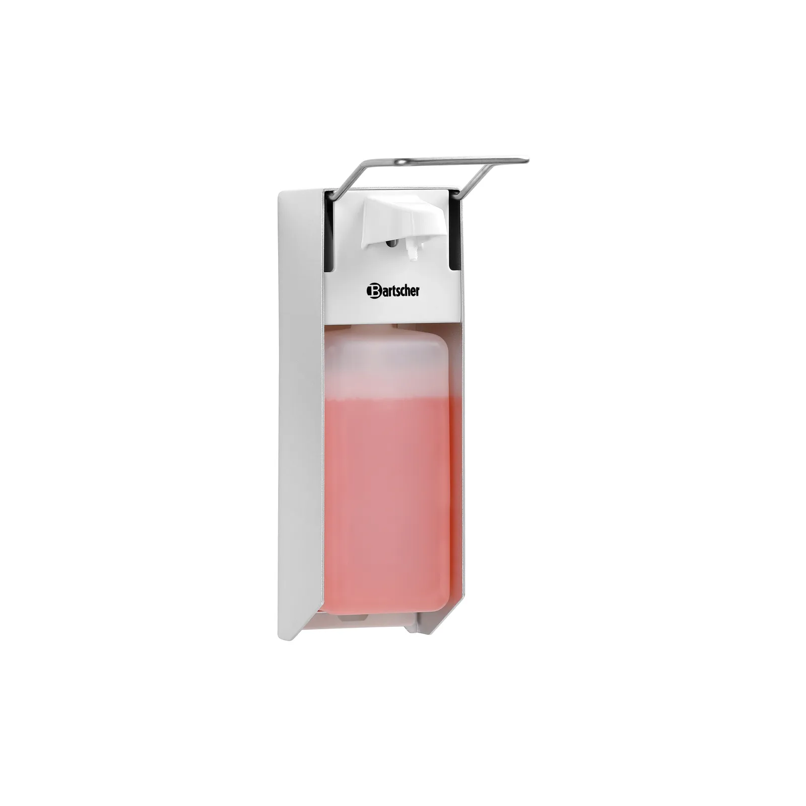 Bartscher 850008 Seifenspender PS 0,9L W Ansicht Komplett voll, Händedes dispenser,  Flüssigseife, rosa Flüssigkeit, wandmontiert, Edelstahl