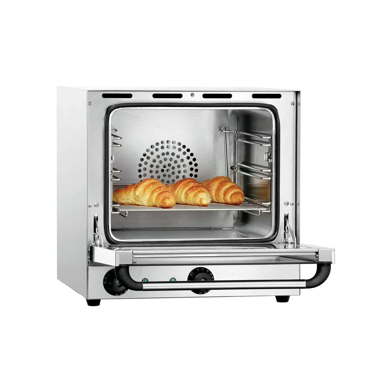 Bartscher 120789 Heißluftofen AT110 Ansicht Komplett, mit Croissants, offen, Backofen, Toaster-Backofen, Kastenbackofen, Croissant, Stahl