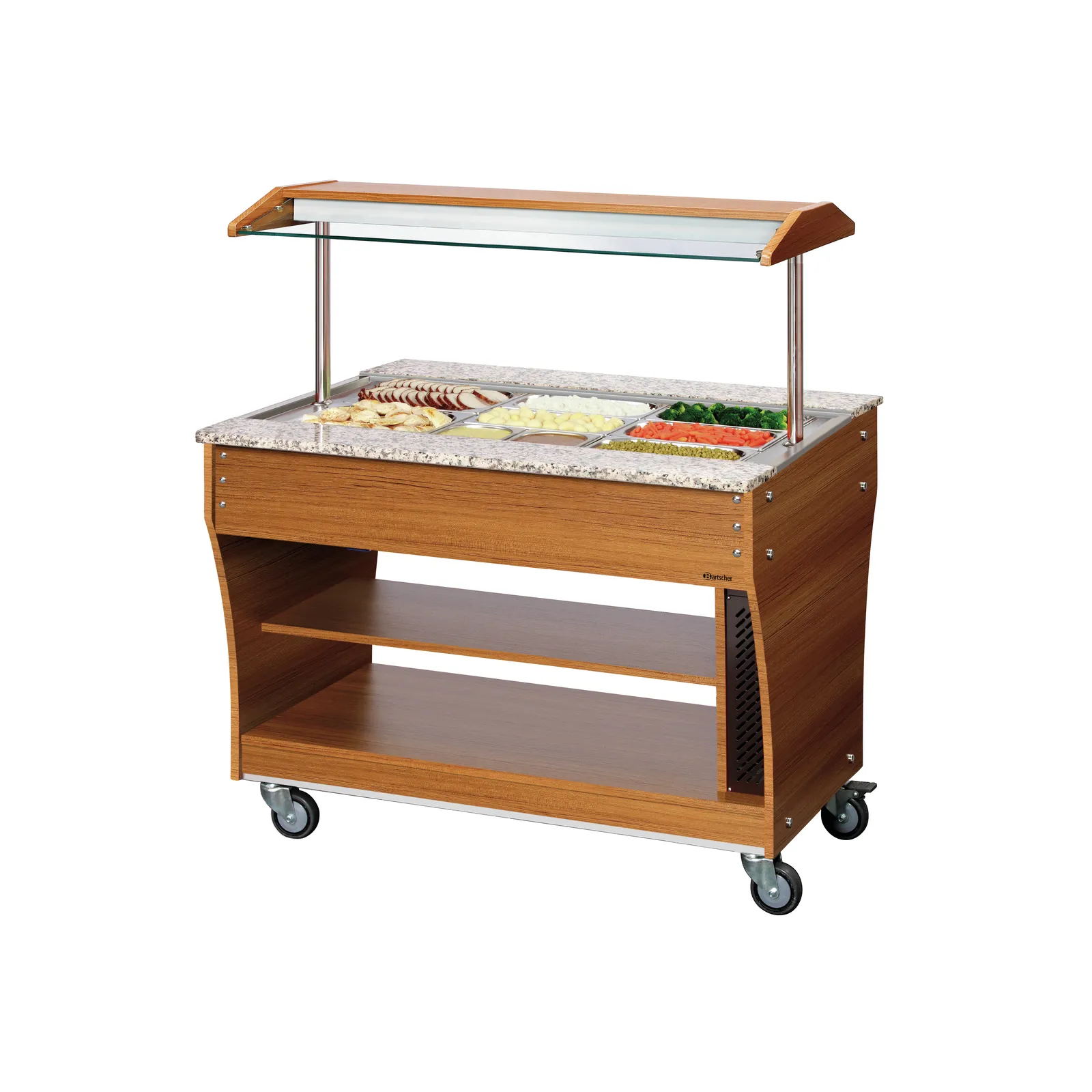 Bartscher 125614 Buffetwagen warm 3x 1/1GN Ansicht Komplett, mit Essen, BuffetTisch, Servierwagen, Granit, Salatbar, Mobile
