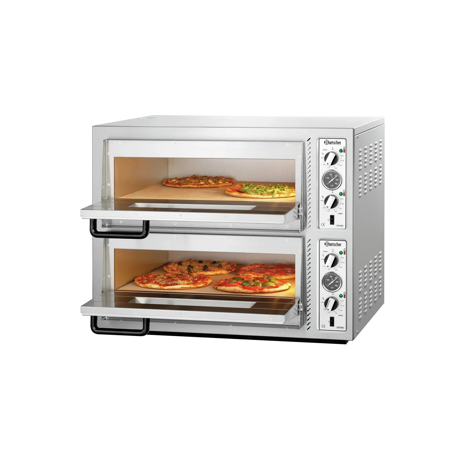 Bartscher 2002095 Pizzaofen NT 622 Ansicht Komplett, geöffnet, mit Pizza, Pizzaofen, Doppelstock, Edelstahl, Bedienknöpfe, Belüftete Seitenwände