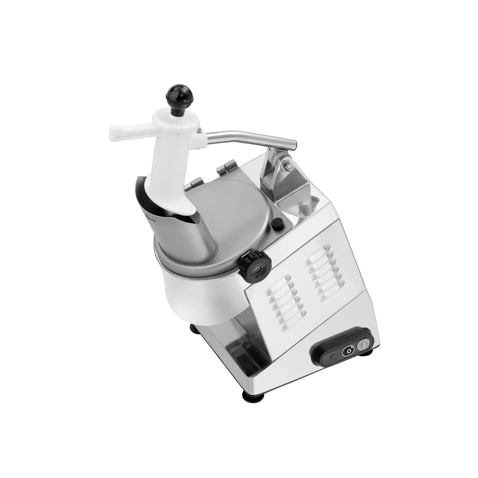 Bartscher 120327 Gemüseschneider GMS601 Ansicht Komplett, seitlich, mit Stopfer oben, Kuchenmaschine, Schneidwerk, Metall, Kompakt, Küchenprofi