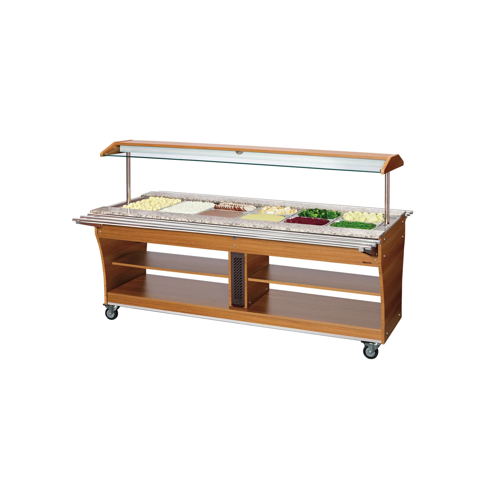 Bartscher 125504 Tablettrutsche 1 Stück 6x 1/1 GN Ansicht an Buffetwagen, ausgeklappt, Buffet, Salad bar, Display case, Wooden stand, Wheeled