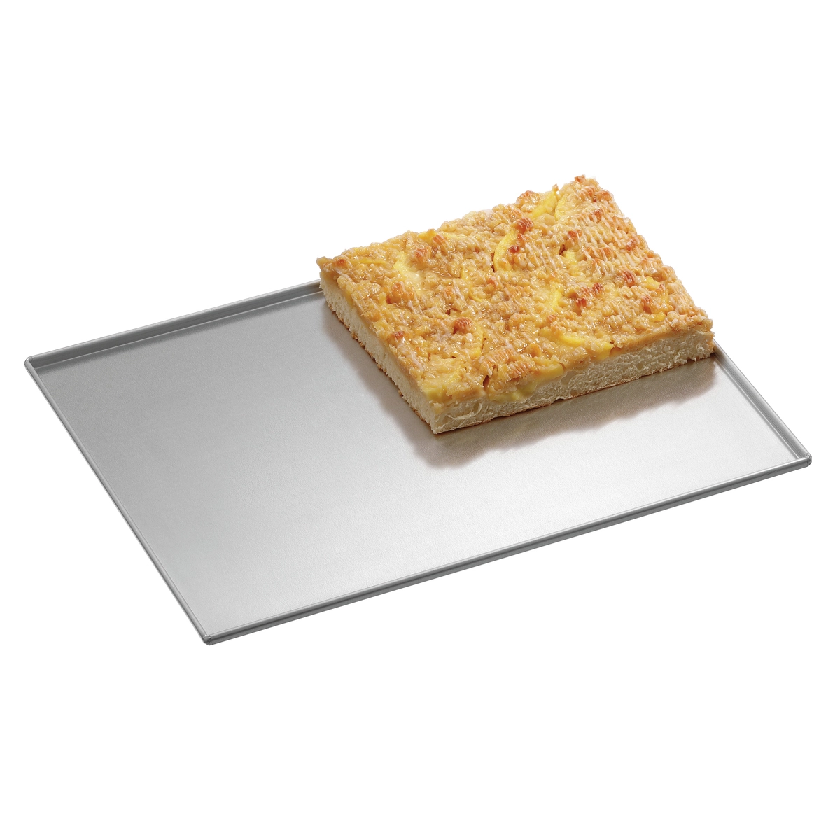 Bartscher 100406 Backblech mit Rand und einem Stück Streuselkuchen, Ansicht von oben