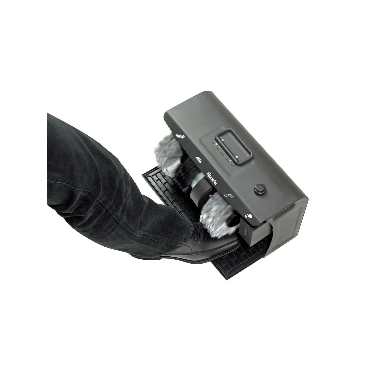 Bartscher 120109 Schuhputzmaschine Ansicht Komplett, in Benutzung, Schuhbürstenmaschine, Schuhreinigung, Besenwalze, Schuhbürsten, Fußpflegegerät