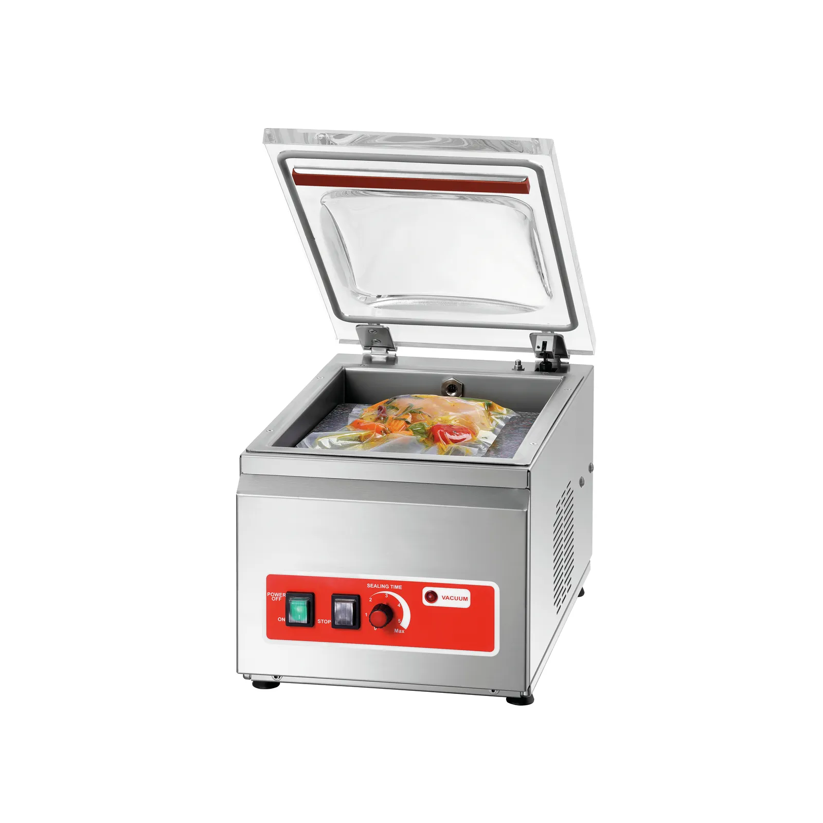 Bartscher 300301 Vakuumiergerät K 250/150L Ansicht Komplett, geöffnet, mit Essen
