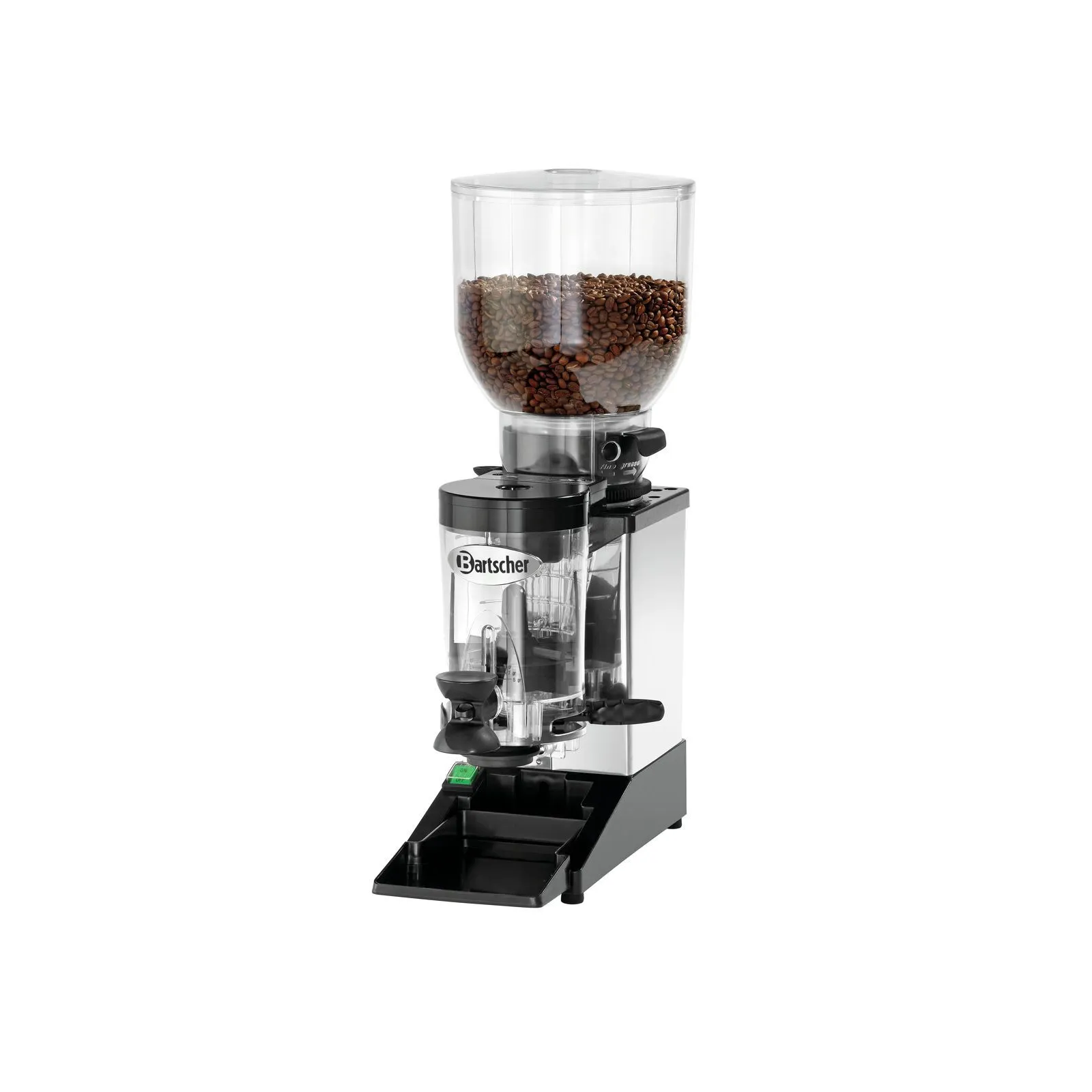 Bartscher 190174 Kaffeemühle Modell Space II Ansicht Komplett, mit Kaffeebohnen, Kaffeemühle, Kaffeevollmeter?, Kaffeemahlwerk, Mahlgrad?, Espressomühle