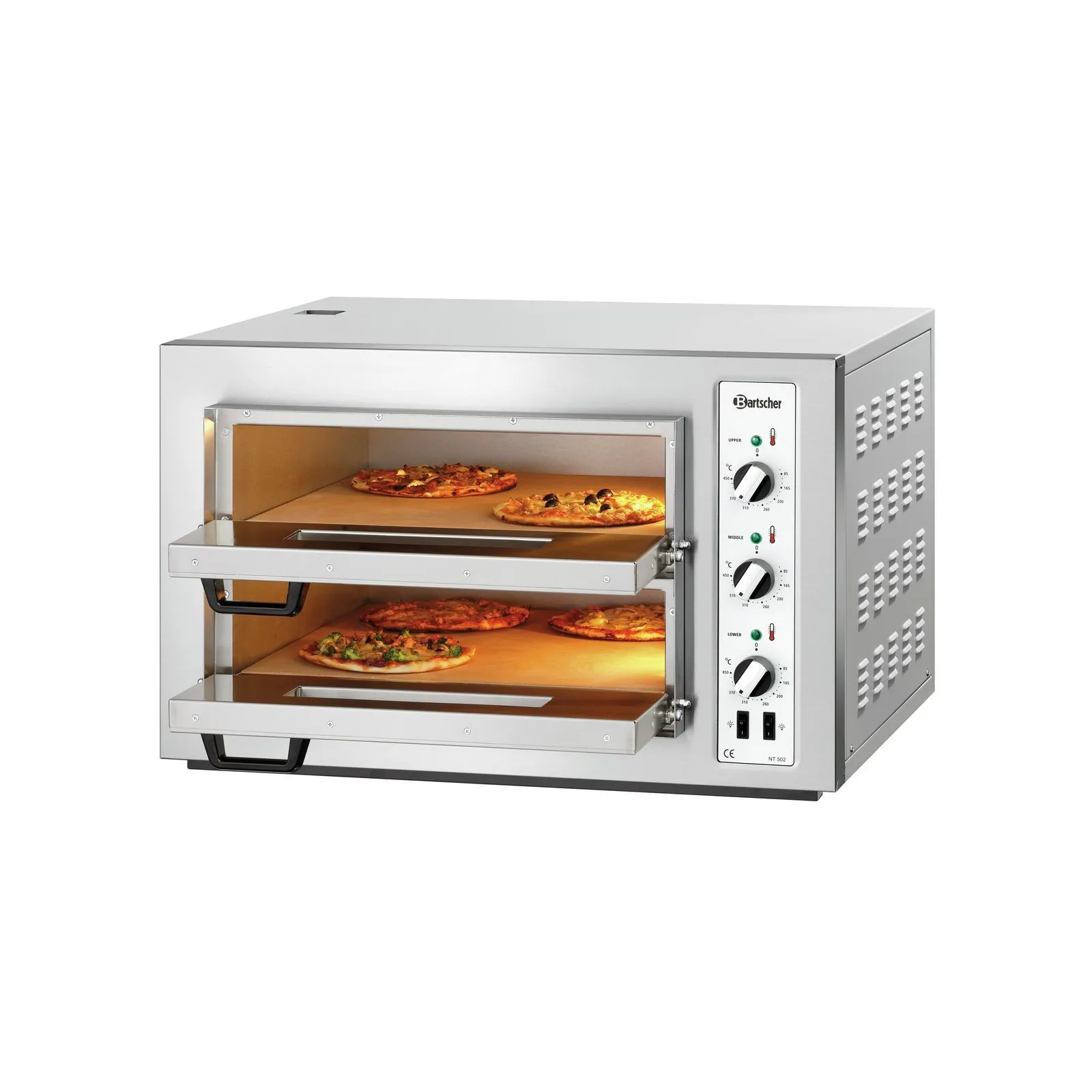 Bartscher 2002028 Pizzaofen NT 502 Ansicht Komplett, geöffnet, mit Pizza, Pizza-Backofen, Konvektionsofen, Edelstahl, Doppelhaken?, Analogregler