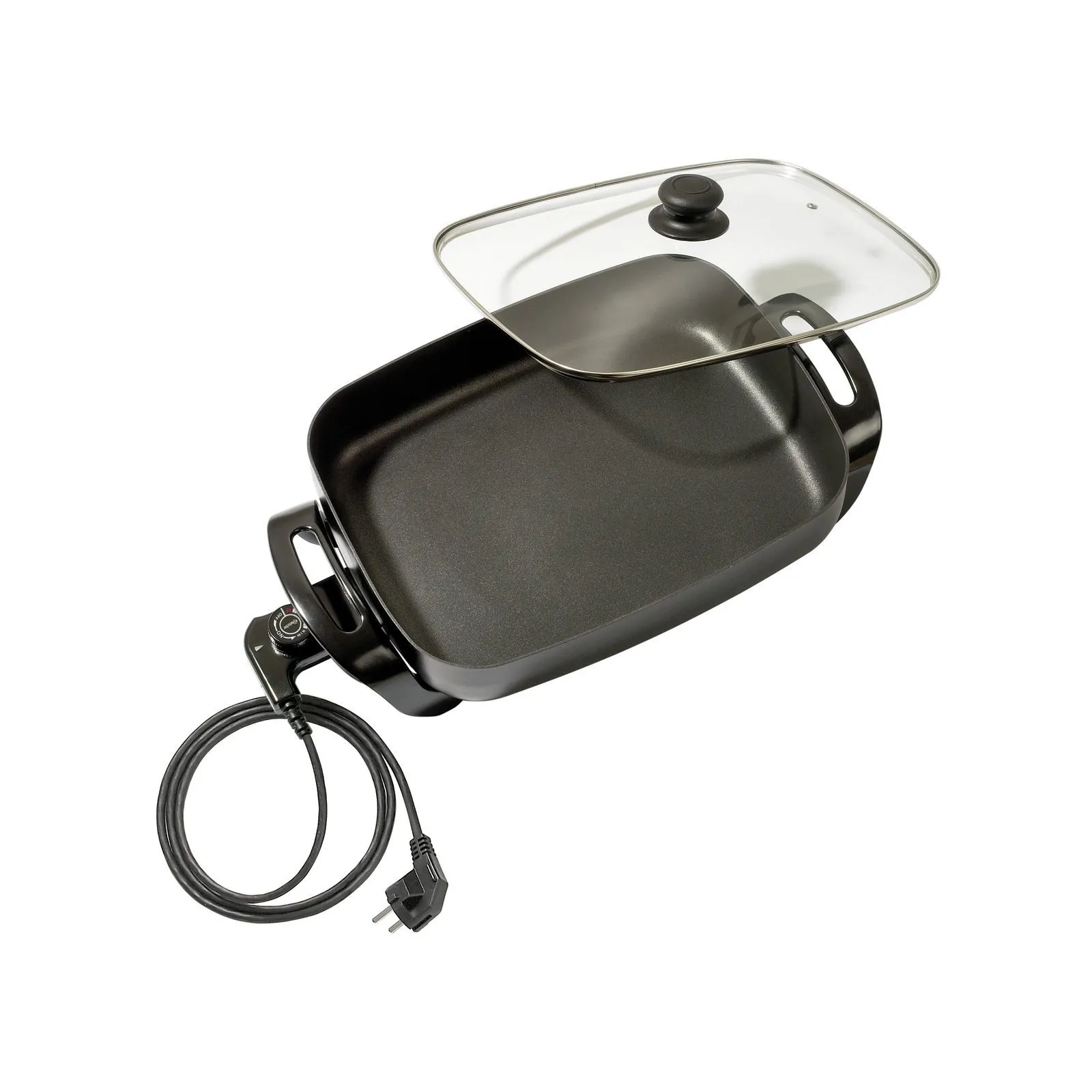 Bartscher 150340 Multipfanne 40x30 Ansicht Komplett, offener Deckel, Elektrischer Grill, Grillpfanne, Glasdeckel, Stromkabel, Nonstick