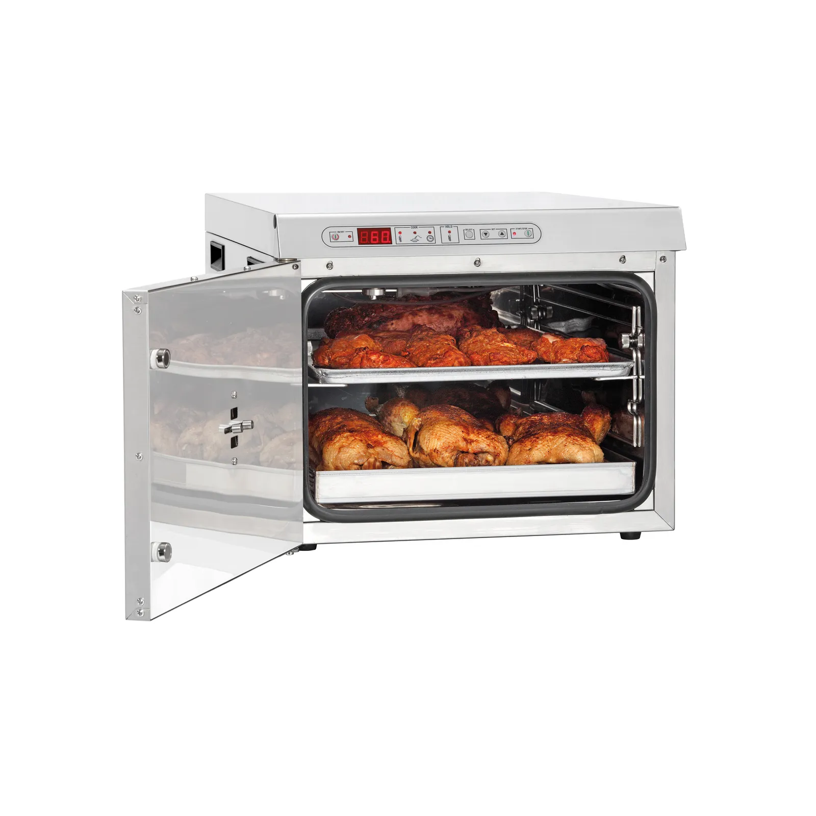 Bartscher 120792 Niedertemperaturgarer 1,2kW Ansicht Komplett, geöffnet, mit Essen, Toaster-Ofen, Kleiner Backofen, Edelstahl, Rotisserie, Fleisch/Braten