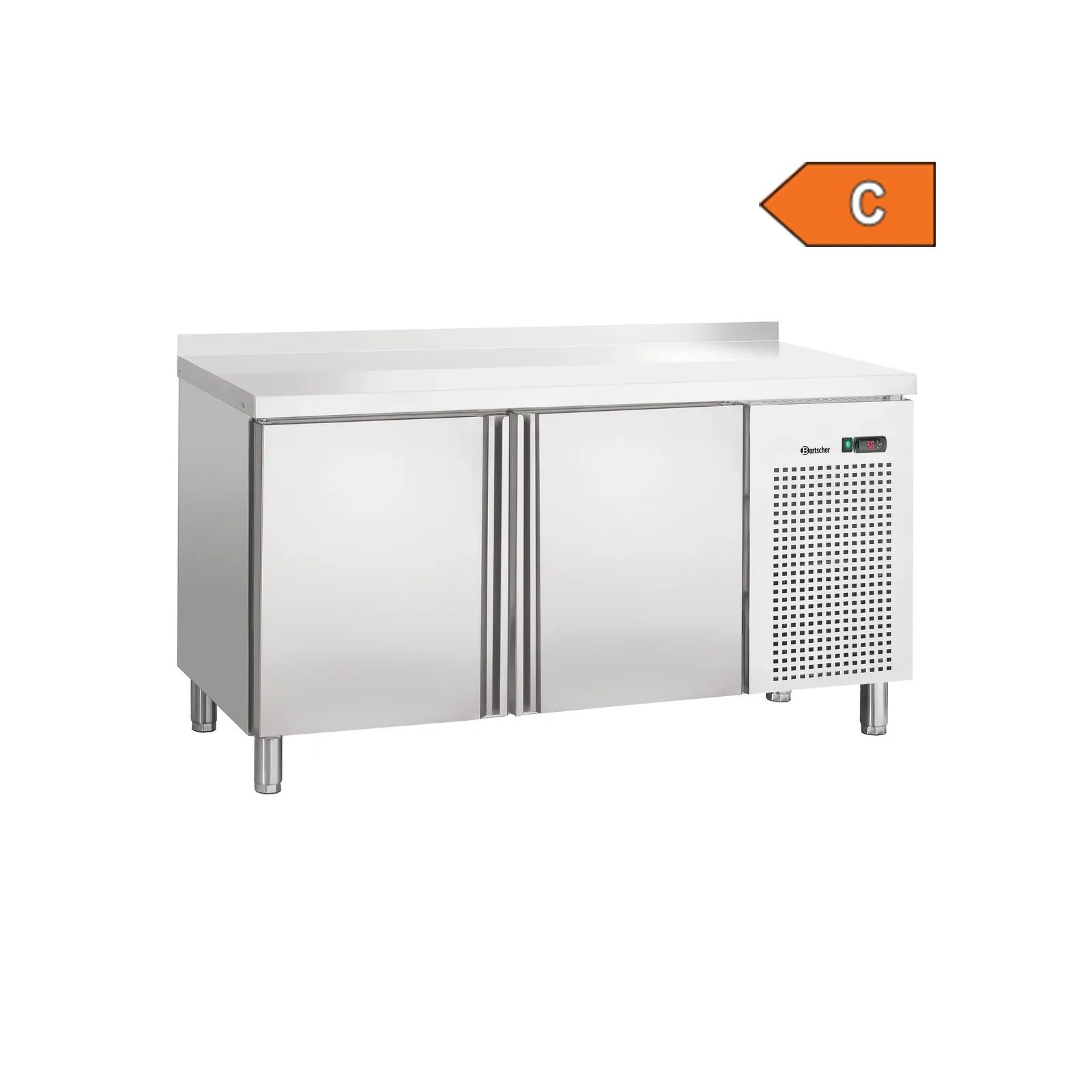 Bartscher 110881MA Kühltisch T2 MA Ansicht Komplett, mit Energielabel (C), Kühlbar, Stahlkühlvitrine, Gewerbekühlgerät, Kühlschrank, Metalloberfläche