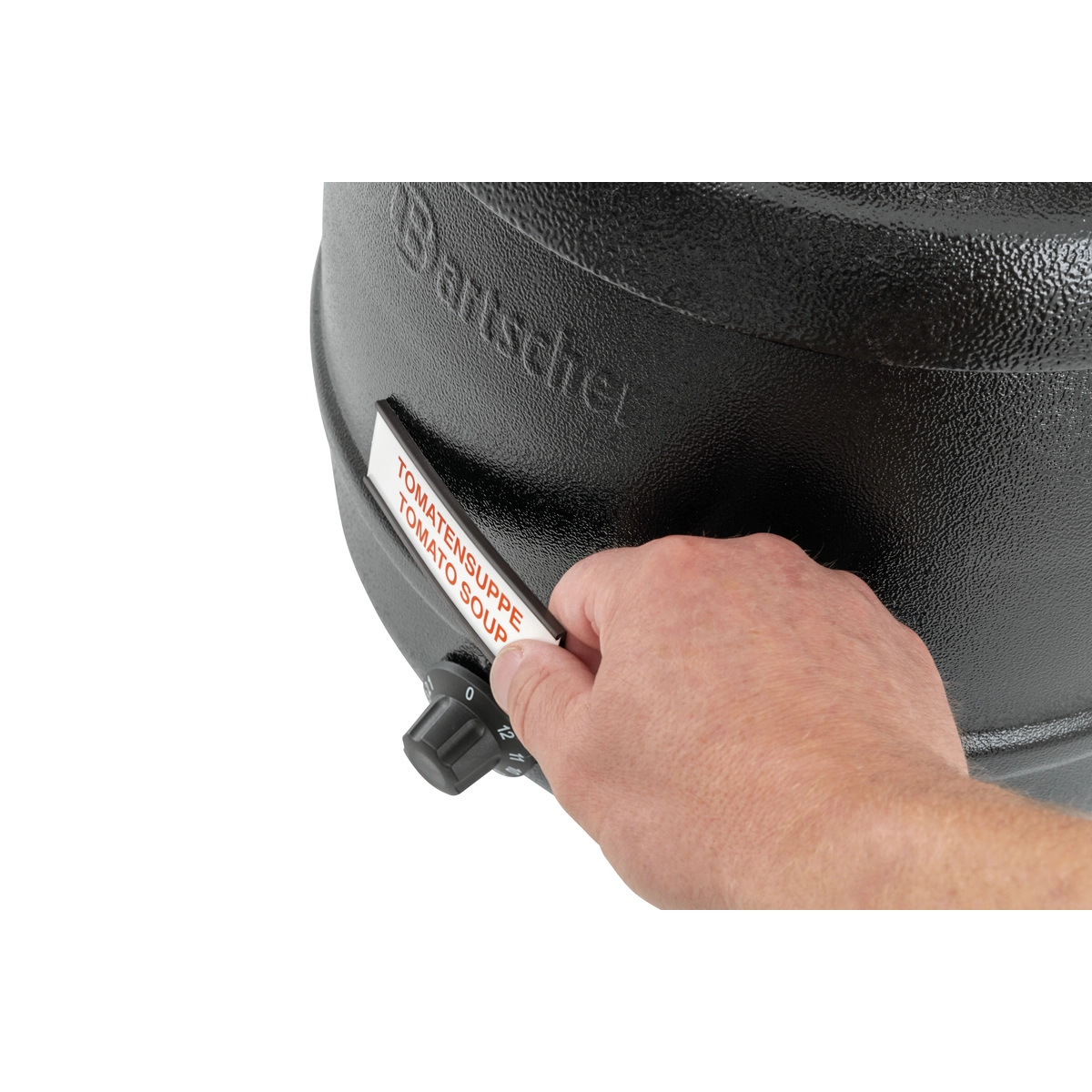 Bartscher Suppentopf schwarz mit Edelstahlfarbenem Deckel, Ansicht magnetisches Suppenschild, 100061 Bartscher 100061 Suppentopf Anbringen eines Magnetschildes am Topf