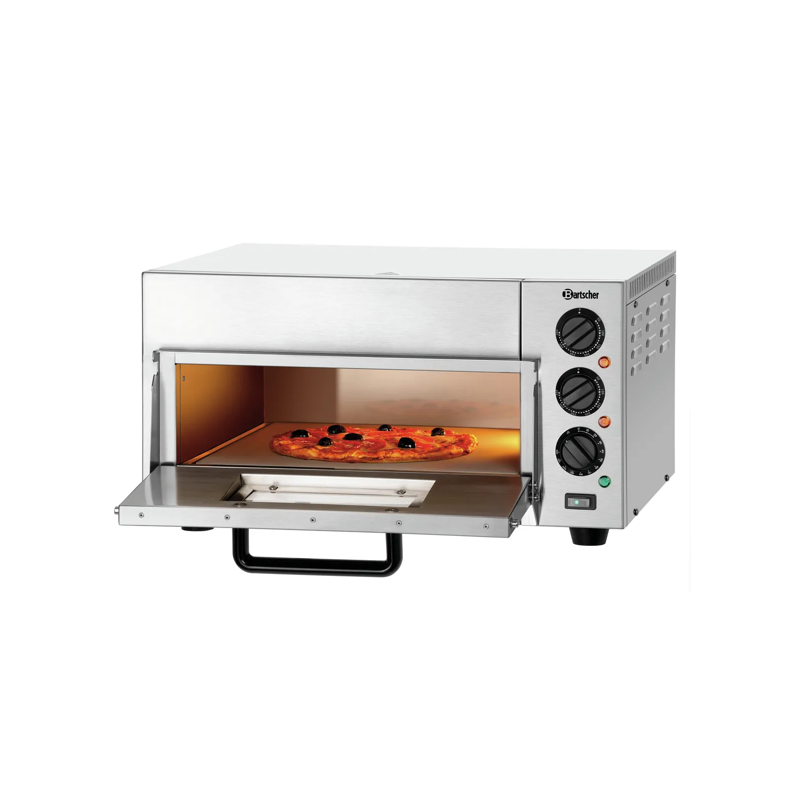 Bartscher 2002102 Pizzaofen ST415 Ansicht Komplett, geöffnet, mit Essen, Toaster, Pizza-Ofen, Edelstahl, Bedienteinstellungen, Tür offen
