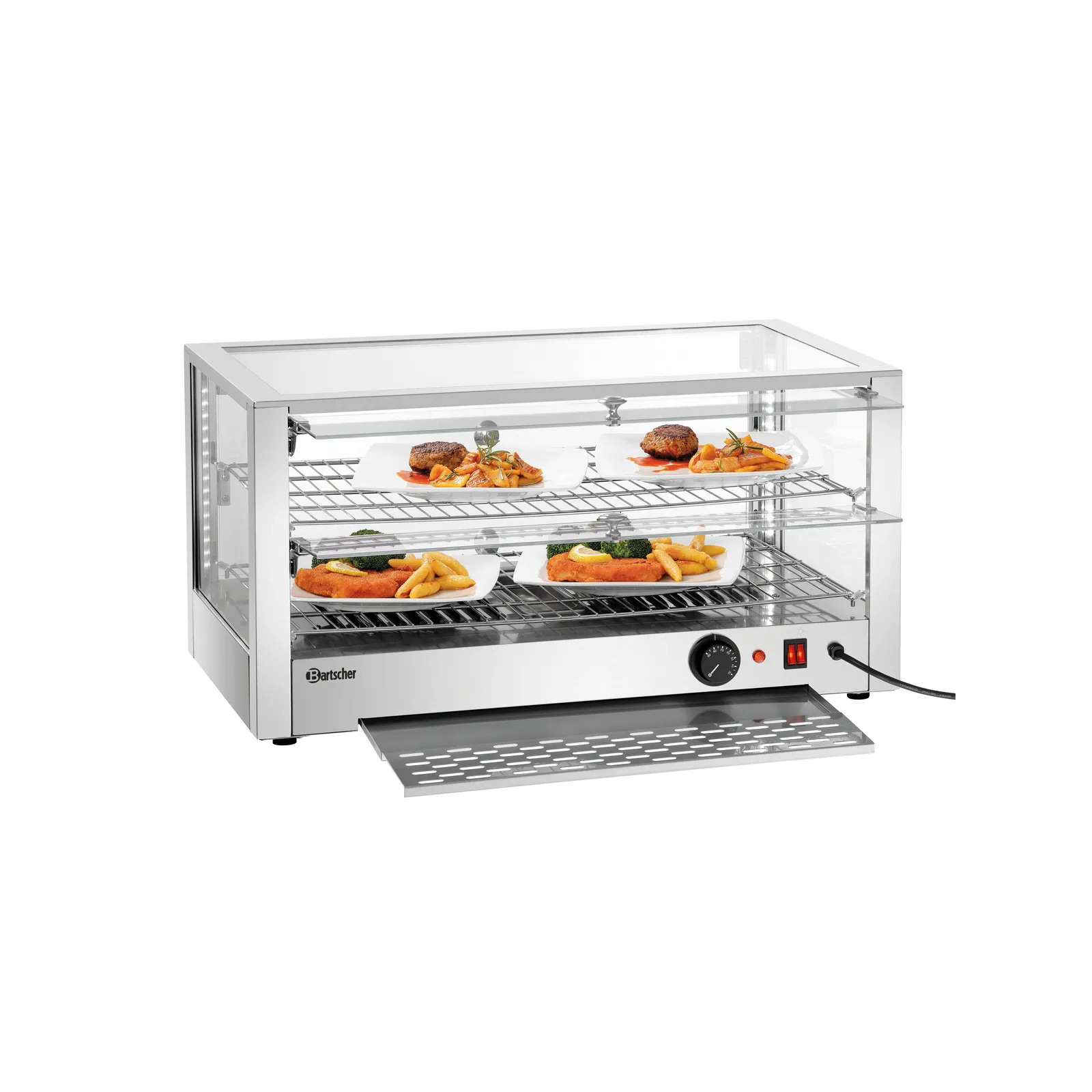 Bartscher 305063 Heiße Theke 6200 2EK Ansicht Komplett von hinten, mit Essen, voll geöffnet, mit Auszugschale