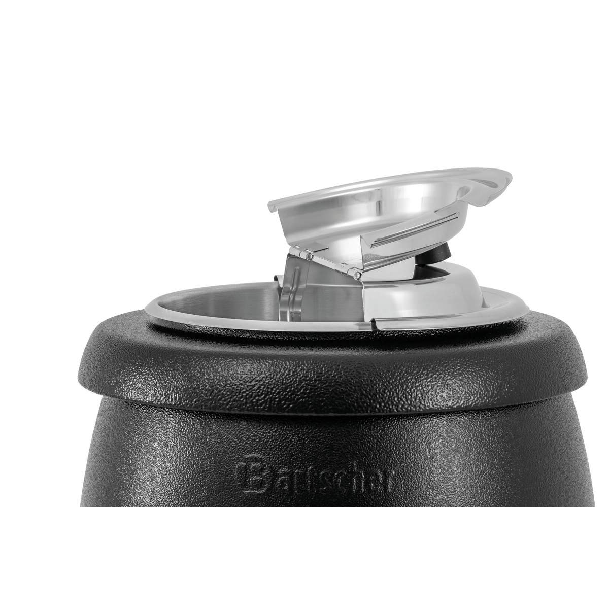Bartscher Suppentopf schwarz mit Edelstahlfarbenem Deckel, Ansicht Deckel geöffnet, 100061 Bartscher 100061 Suppentopf Deckel halb geöffnet