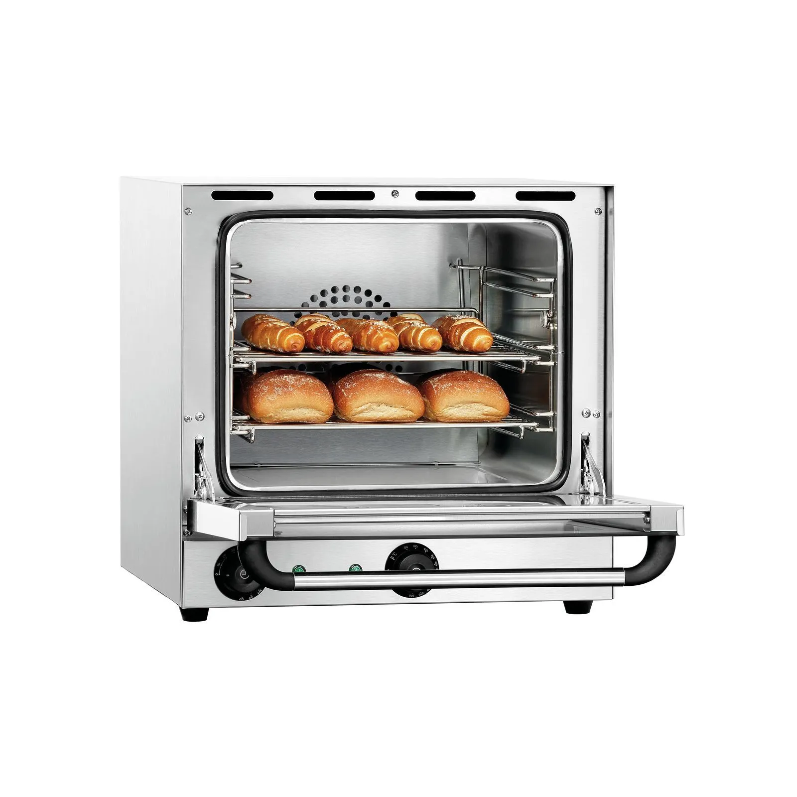 Bartscher 120789 Heißluftofen AT110 Ansicht Komplett, mit Brötchen, offen, Backofen, Küchengerät, Brötchen, Brotbackofen, Edelstahl