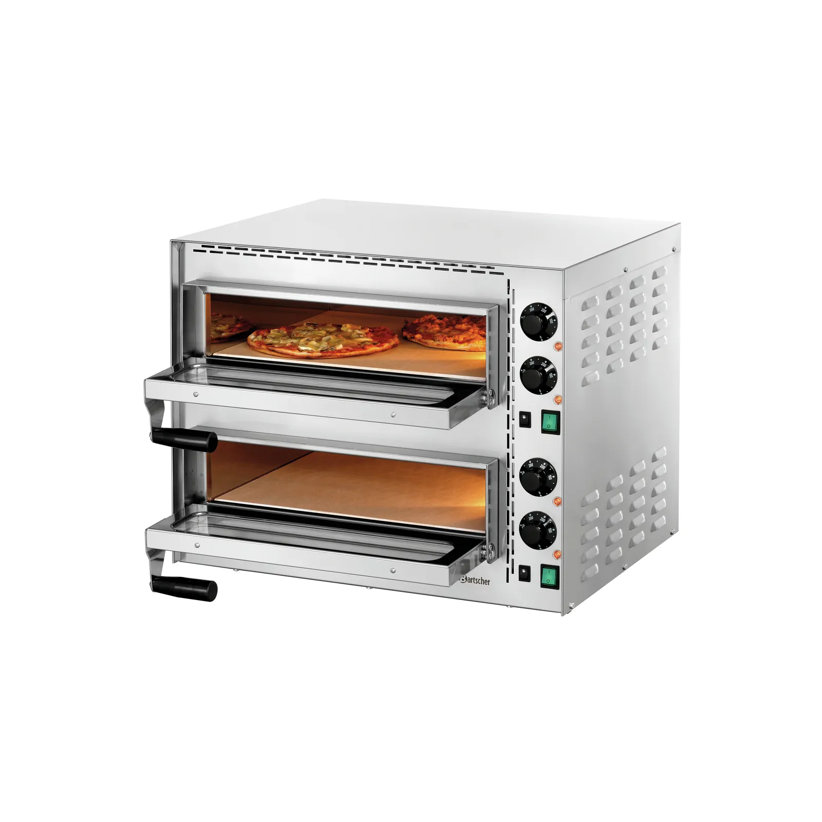 Bartscher 203535 Pizzabackofen Mini Plus 2 Ansicht Komplett, offen, mit Pizzen im oberen Fach