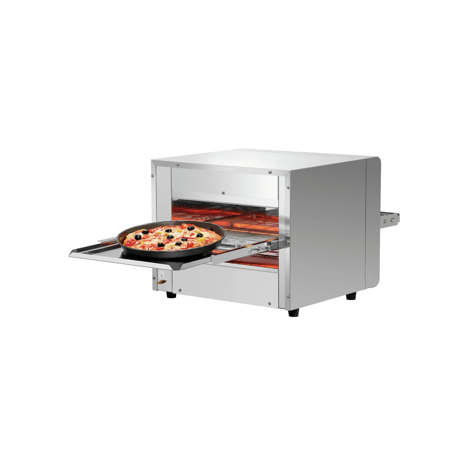 Bartscher 2002203 Durchlaufpizzaofen 3600TB10 Ansicht Komplett, offen, mit Pizza, Pizzaofen, Backofen, Küchengerät, Stainless steel, Kuchenbacken