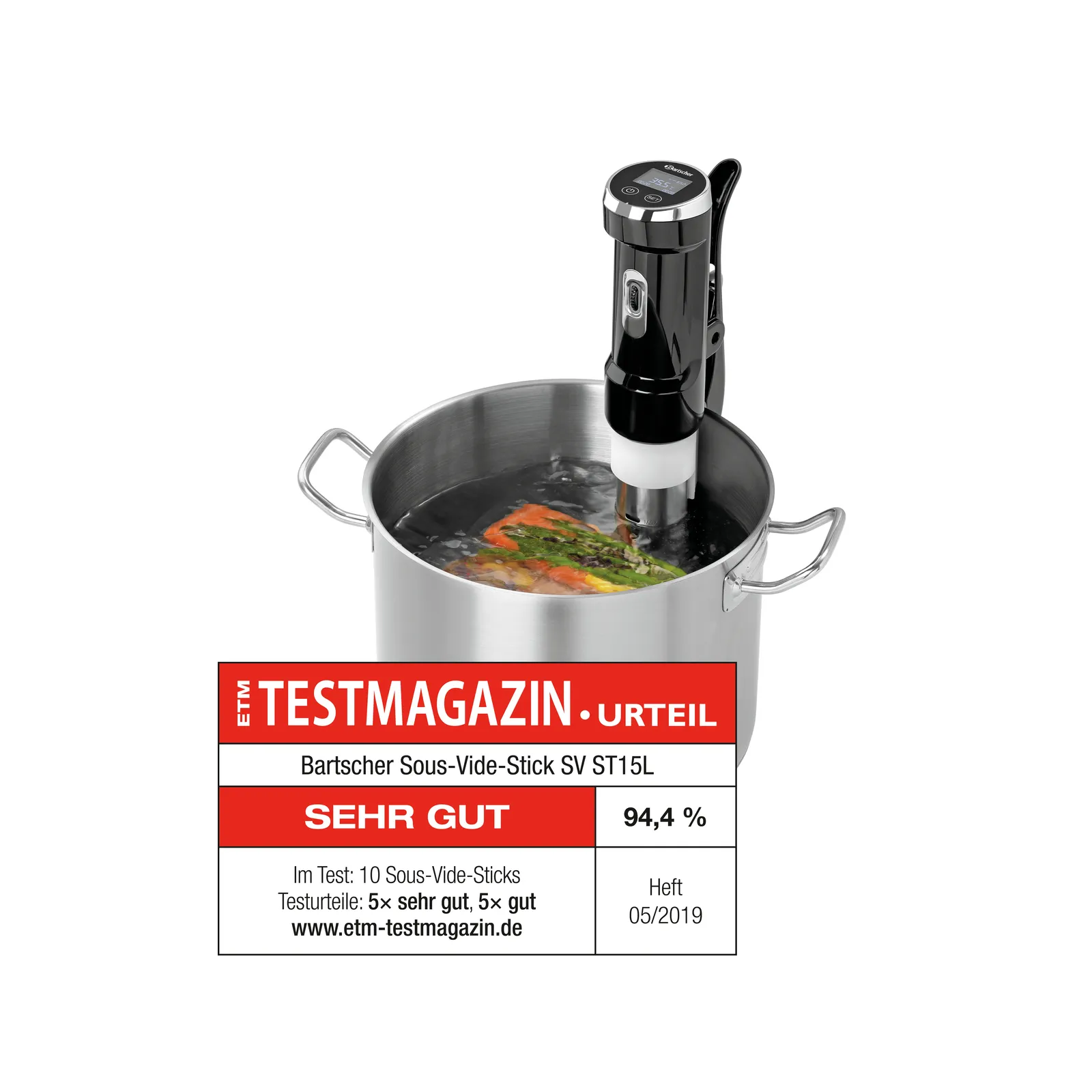 Bartscher 115133 Sous-Vide-Stick SV ST15L Ansicht Komplett, im Topf, mit Essen, Testmagazin Siegel, Sous-vide-Stick, Kochgerät, Stahltopf, Garen, Gadget