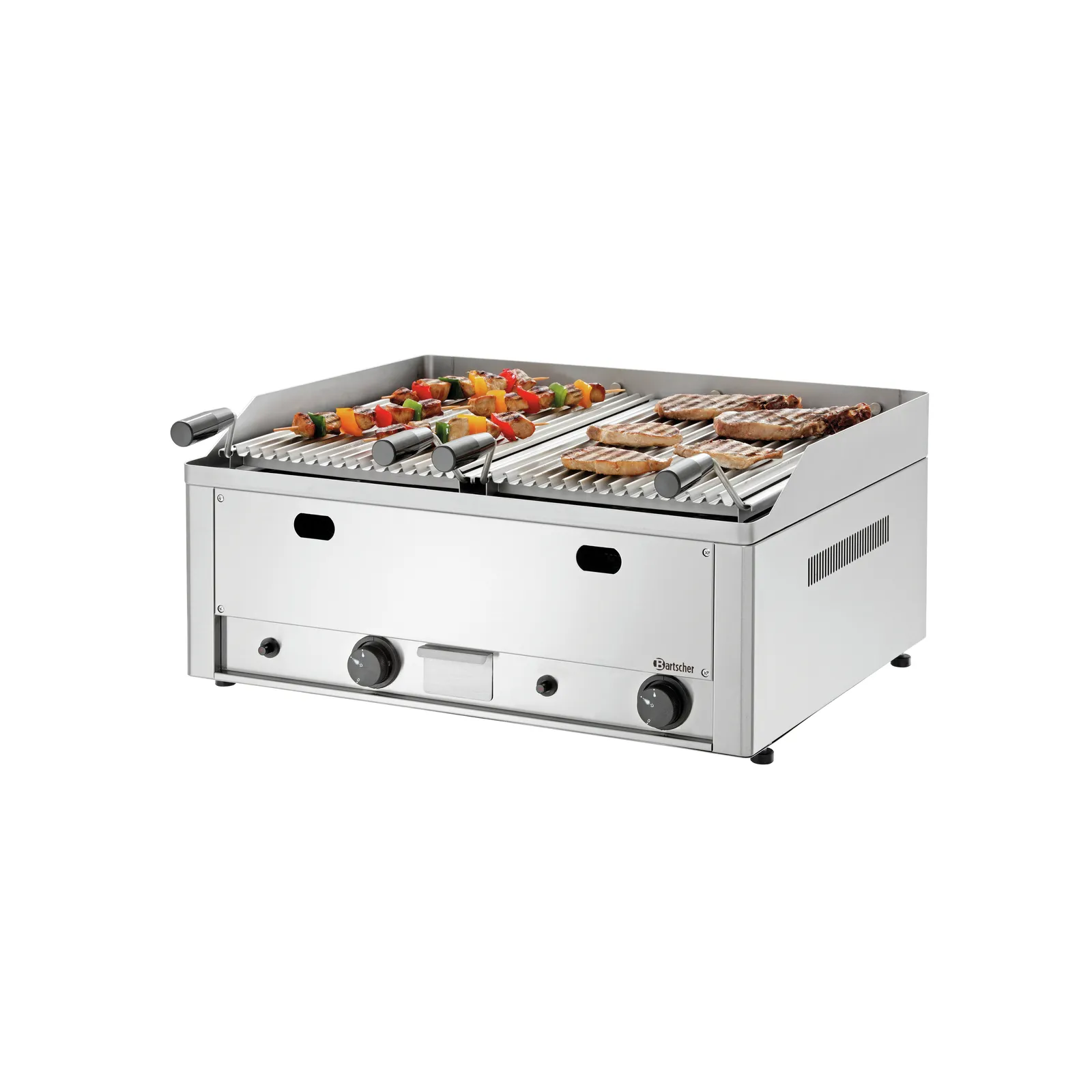 Bartscher 2006601 Lavasteingrill Gas 70 B660 TG Ansicht Komplett, mit Essen, grill, Grillplatte, Gasgrill, Spieß, Indirekte Hitze