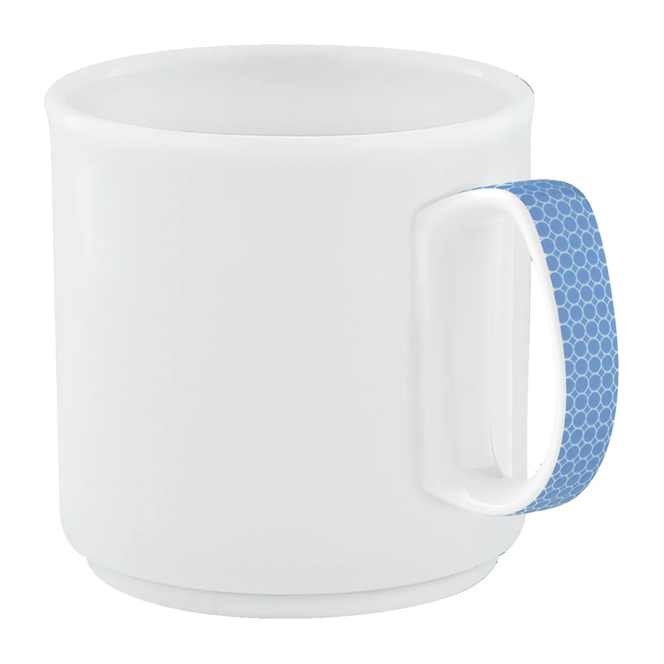 Tasse, Kaffeetasse, weiße Keramiktasse, bedruckter Henkel, blauer Henkel