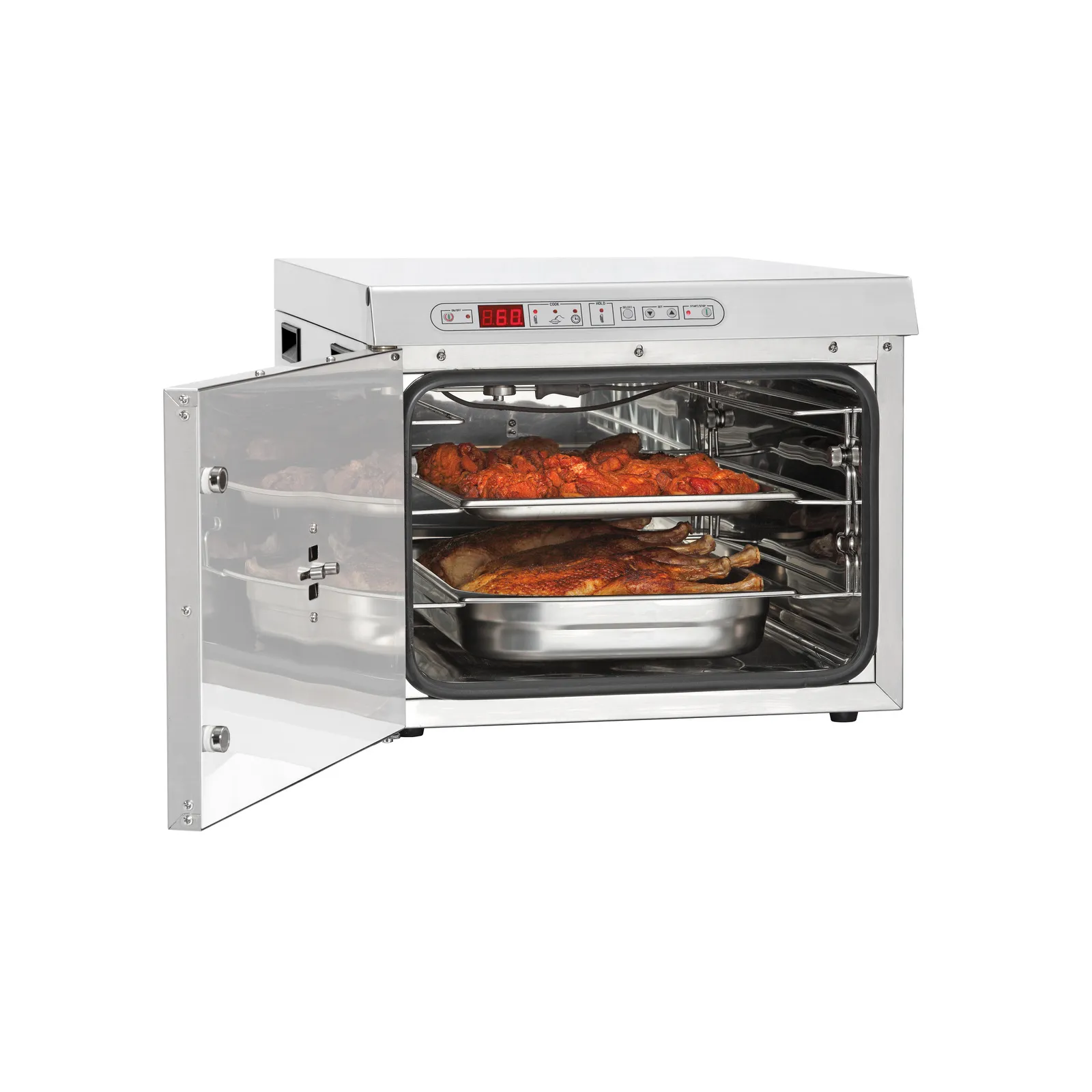 Bartscher 120792 Niedertemperaturgarer 1,2kW Ansicht Komplett, geöffnet, mit Essen, Backofen, Elektrobackofen, Rostbraten, Edelstahl, Schwenkofen