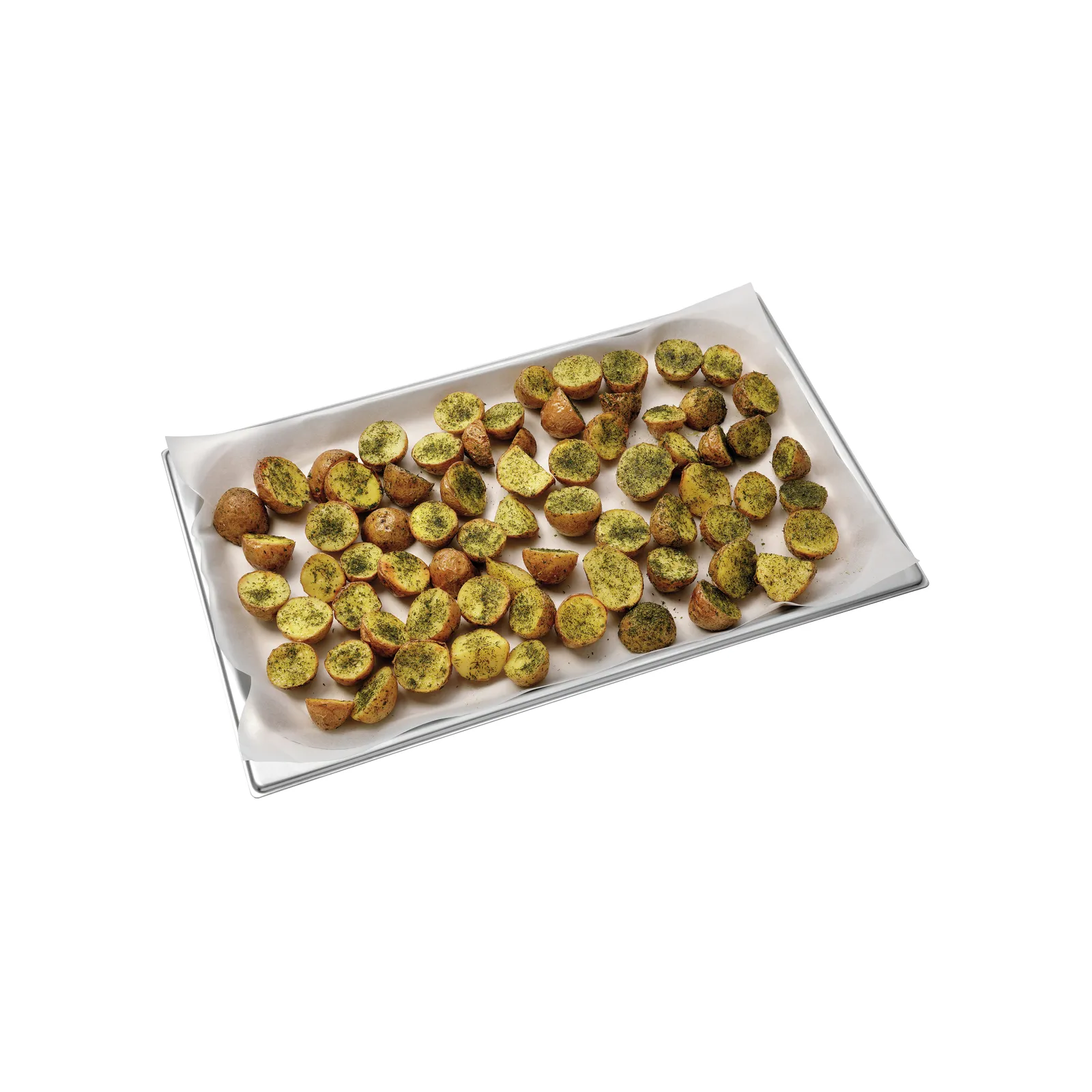 Bartscher 150687 Kochpergament 1/1 GN Ansicht Komplett von oben, auf Backblech, mit Essen, knabberzeug, brotchips, pesto-streuung, knabberware, snack-plättchen