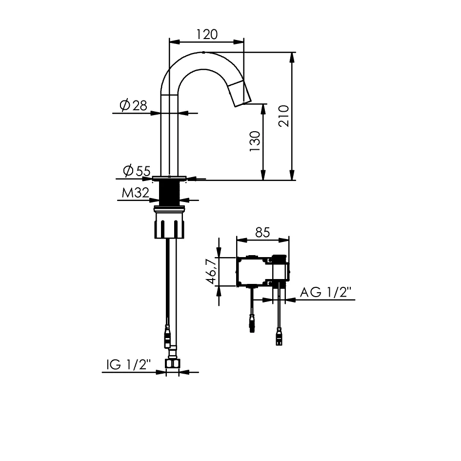 Echtermann 211-104/120-130/01 und /02 Sensorarmatur Zeichnung, Armatur, Küchenarmatur, Einhebelmischer, Spültischarmatur, Schwenkarm