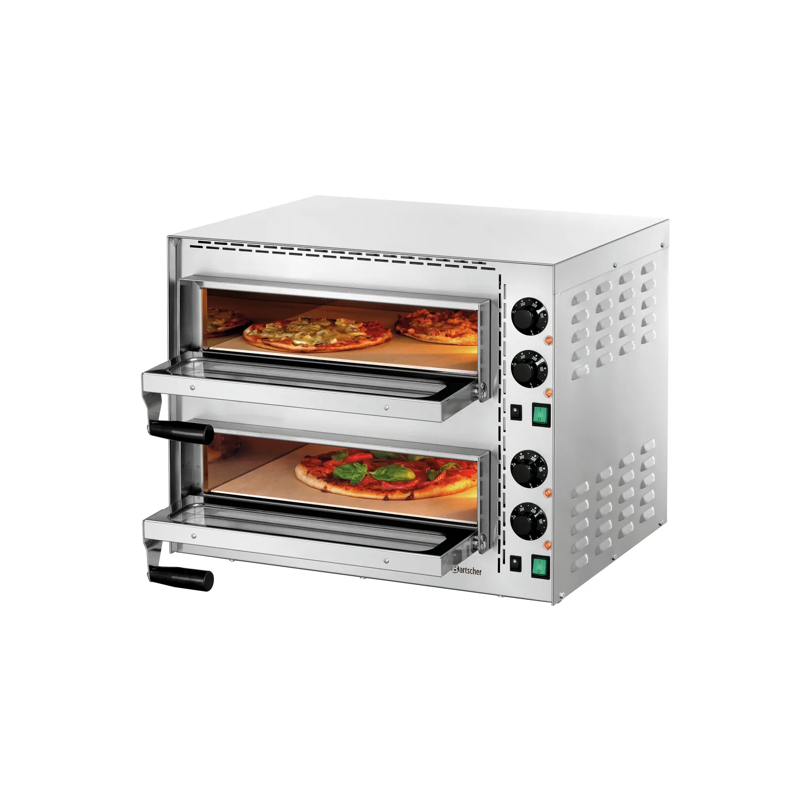 Bartscher 203535 Pizzabackofen Mini Plus 2 Ansicht Komplett, offen, mit Pizzen