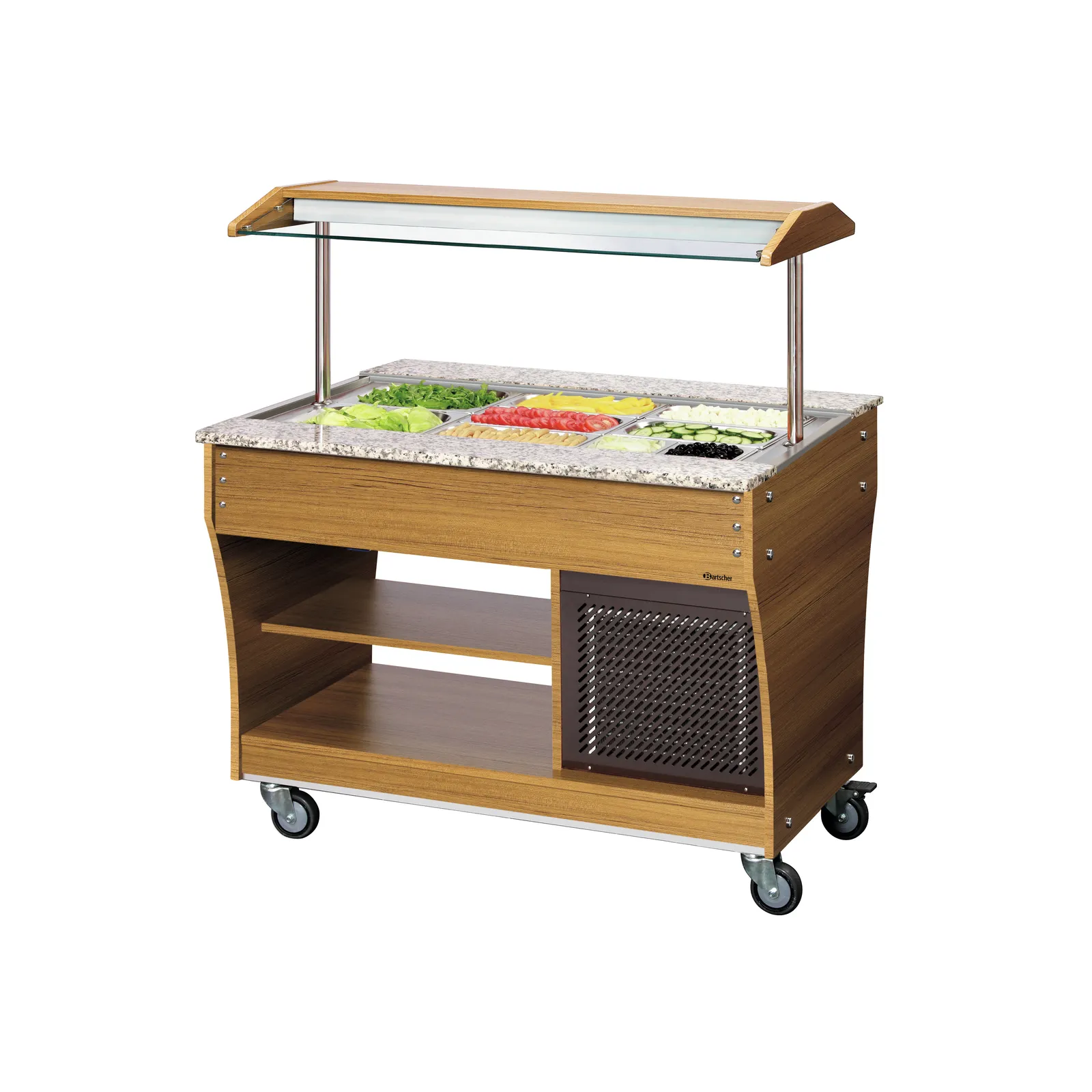 Bartscher 125525 Buffetwagen kalt 3x 1/1 GN Ansicht Komplett, mit Essen, Saladbar, Buffetwagen, Grillwagen, Holz, Kühlfach