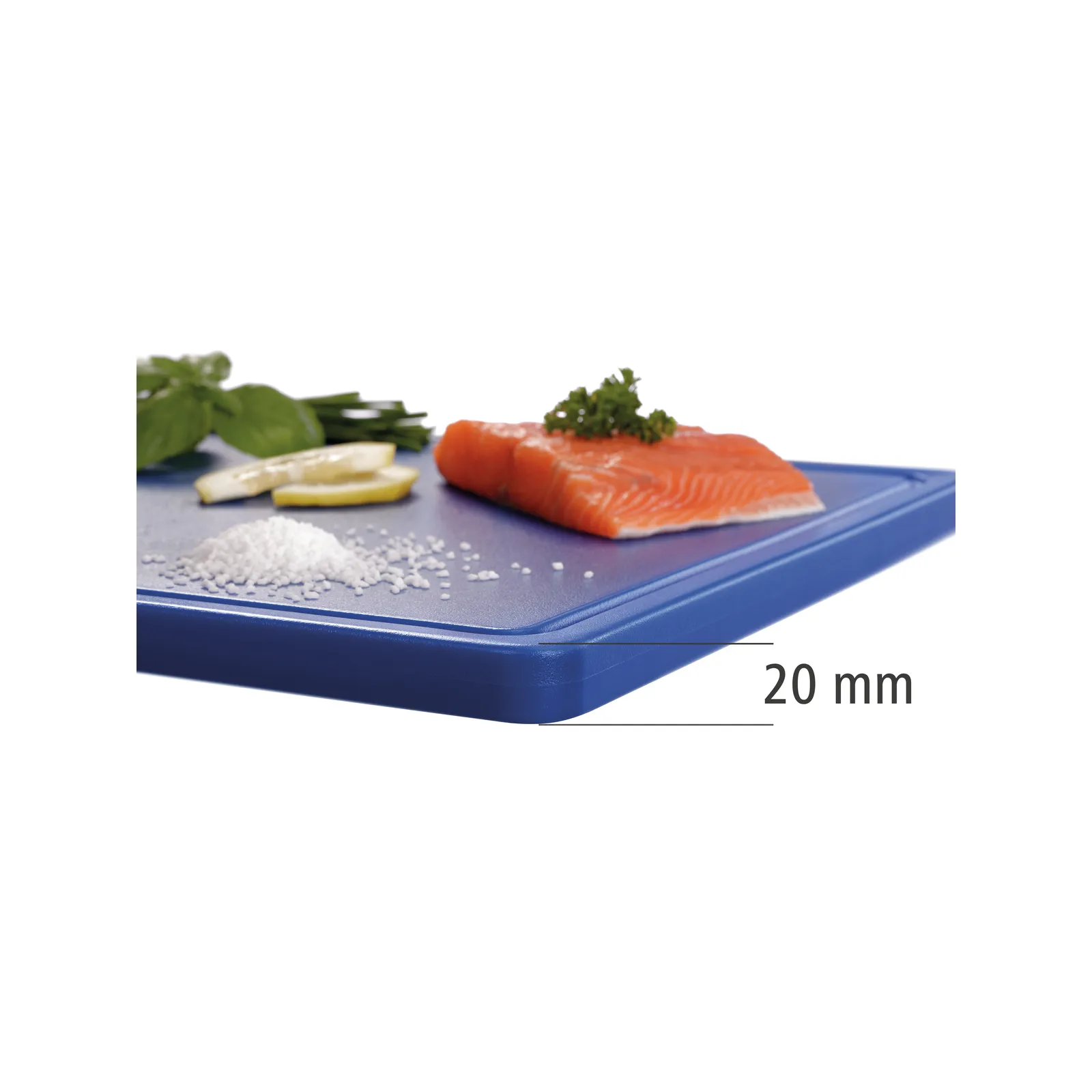 Bartscher A120514 Schneidbrett PRO 53x32 Blau mit Rand mit Essen seitlich mit Höhenangabe von 20mm