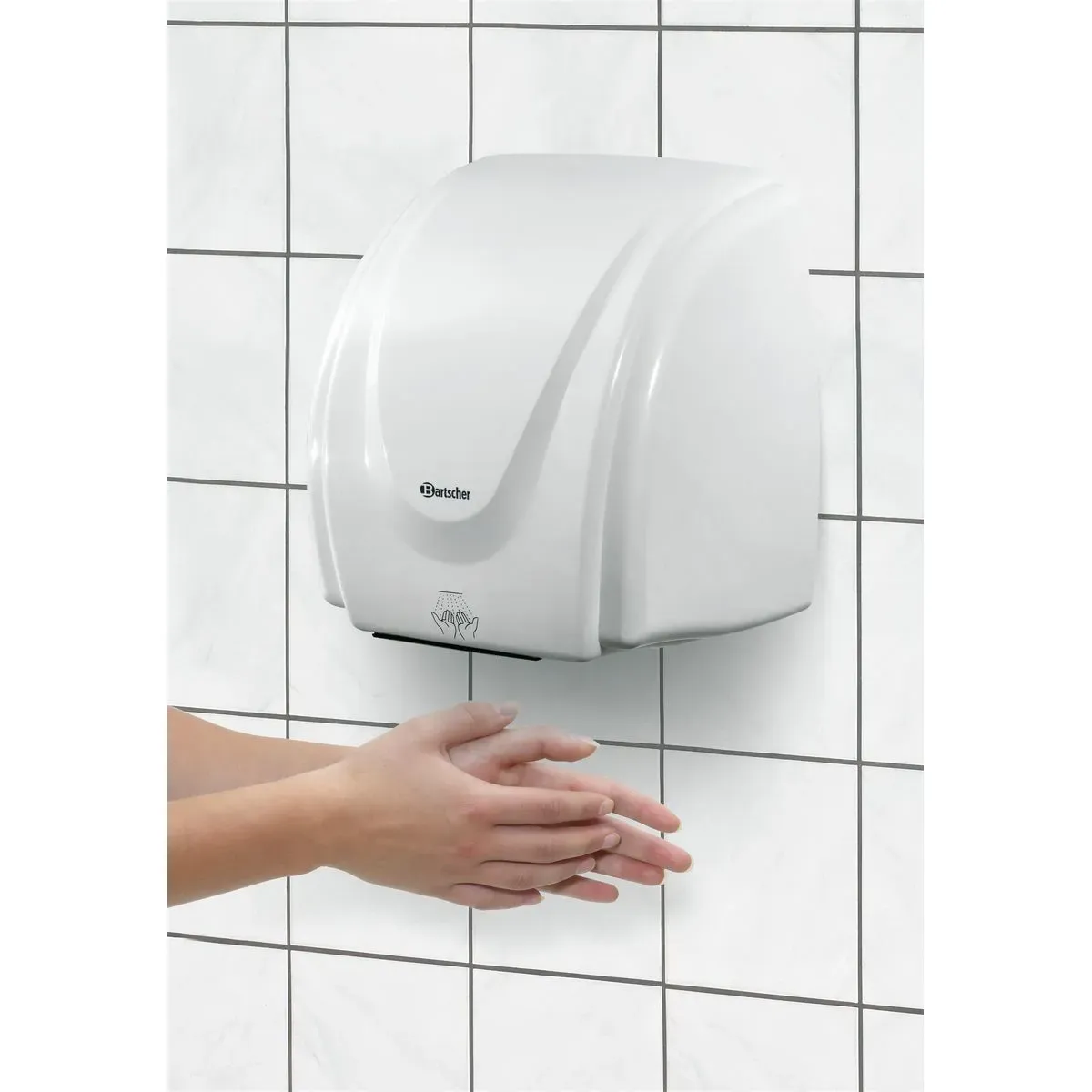 Bartscher 850000 Händetrockner 2,1kW Kunststoff Ansicht Komplett an der Wand in Benutzung, Handtuchspender, Papierspender, Handtuchhalter, Wandmontage, Bartscher